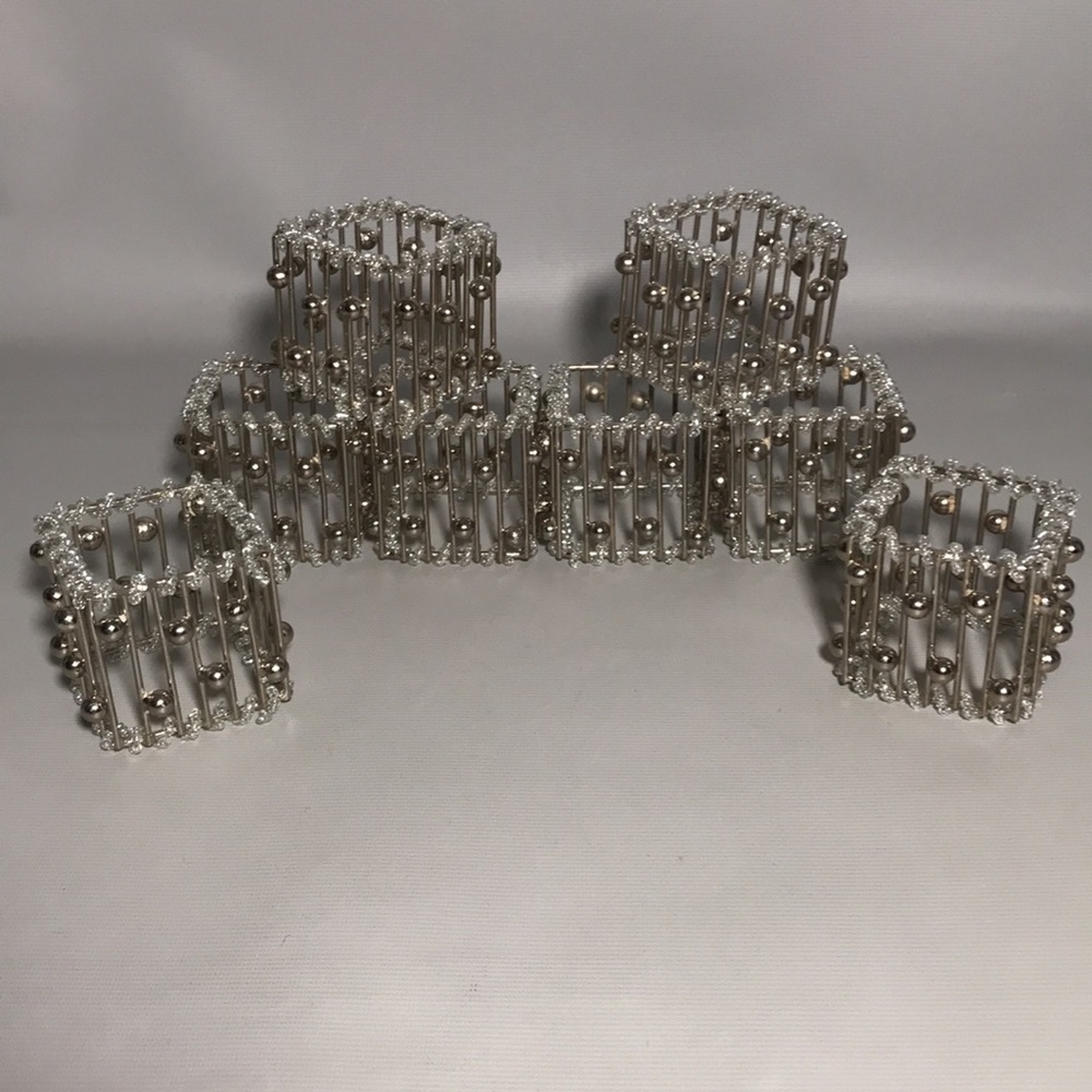 DII Silver Tone Beaded & Embellished Napkin Rings Set Square Shape